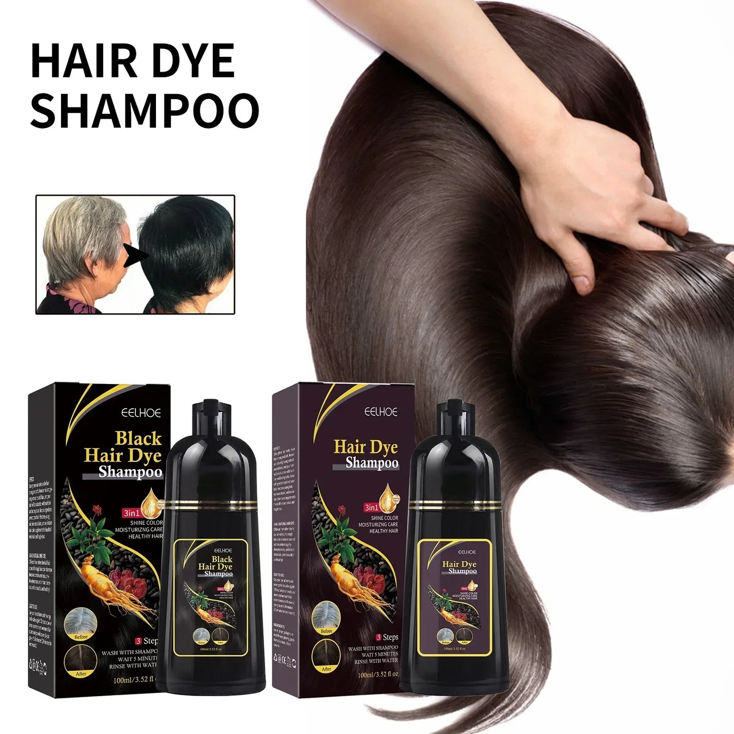 100ml Permanent 3in1 Hair Dye Shampoo Polygonum Multiflorum Natural Gary Hair Dark Plant Essence Coloring Cover for Women Men