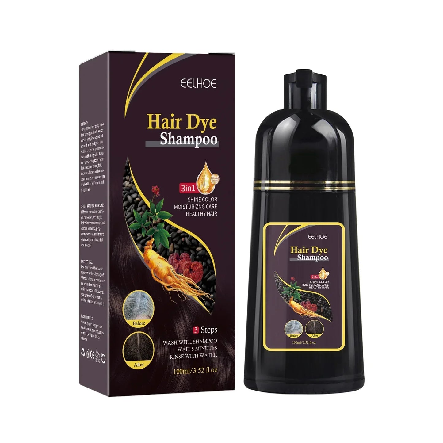 100ml Permanent 3in1 Hair Dye Shampoo Polygonum Multiflorum Natural Gary Hair Dark Plant Essence Coloring Cover for Women Men